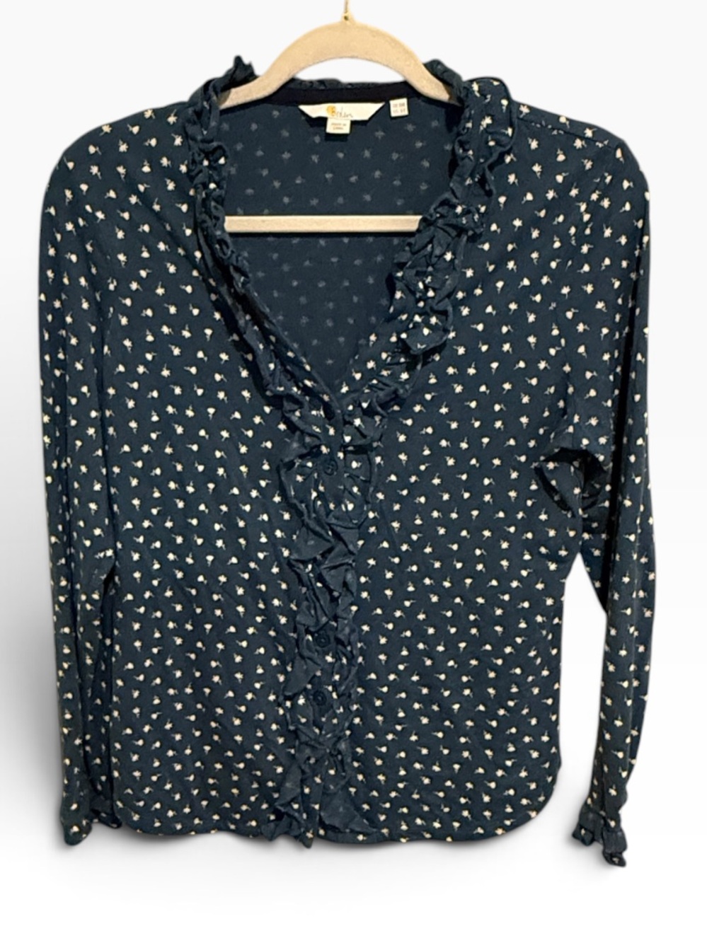 Boden Navy Ditsy Floral Ruffle Front Jersey Top Long Sleeve US 6